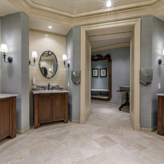 The Inn at Barnsley Resort guest restrooms feature English-country design elements to include beautiful stone tile